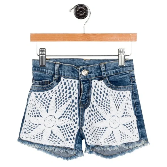 FLOWERS BY ZOE • Denim Macrame Freyed Shorts with Crochet Detail